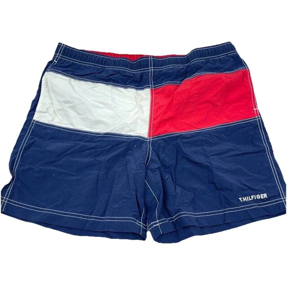 Vintage Tommy‎ Hilfiger Swim Trunks Men Medium Red White Blue Bored Shorts Flag